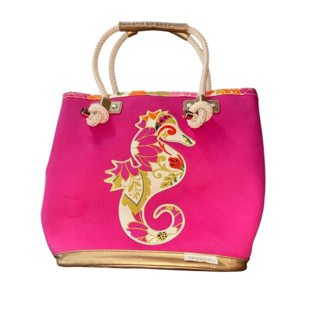 Spartina 449 Pink Tote with Gold Trim and Multicolor Seahorse